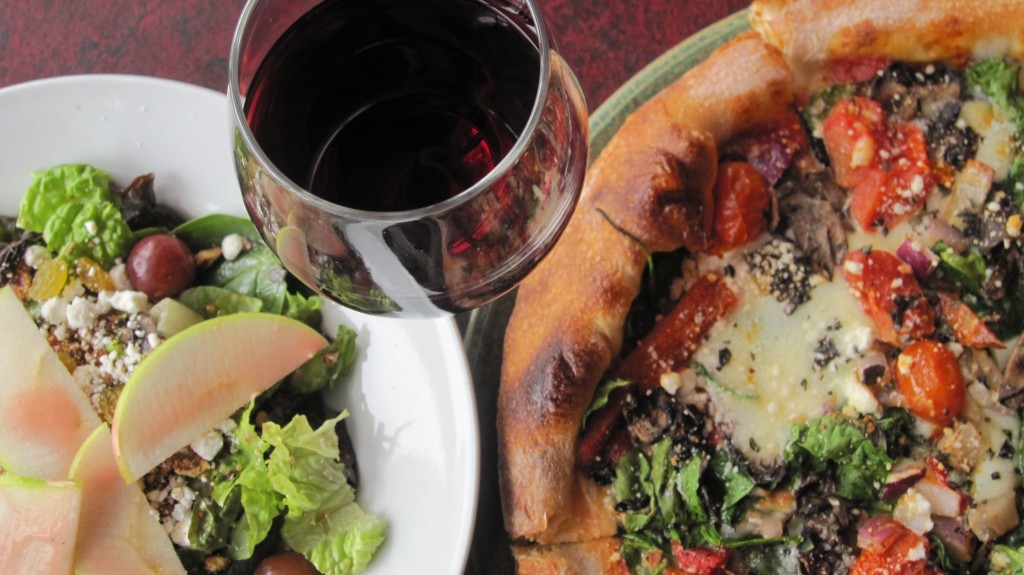 SPIN! Neapolitan Pizza pizza, salad, and wine (higher res)
