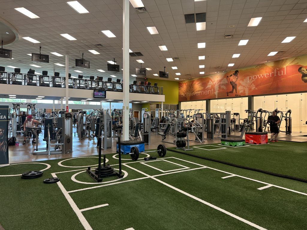 A football turf experience inside the LA Fitness, one of the participating standard gyms at Active&Fit Direct, showing how you can save money on gym memberships with big benefits without the obligation.